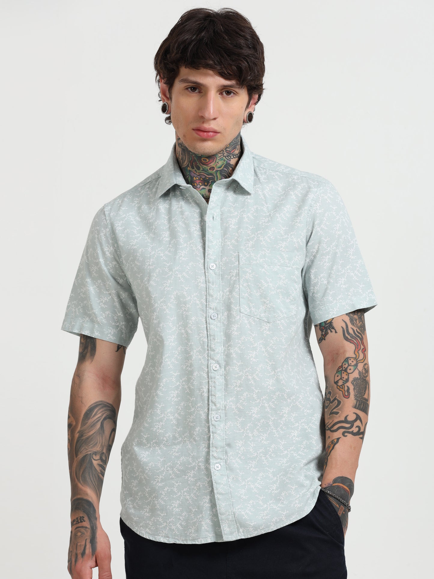 Cyan Printed Half - Sleeves Shirt