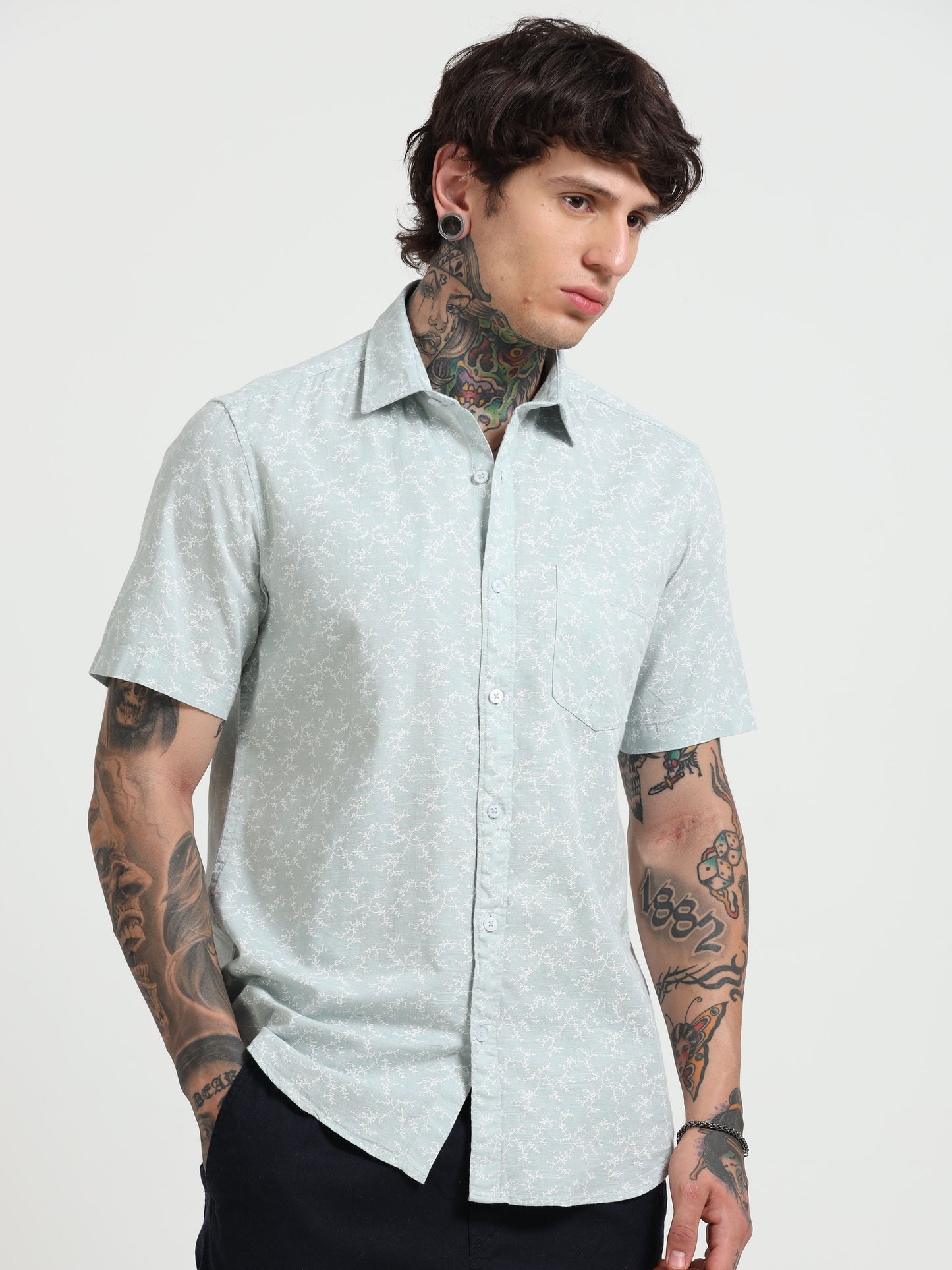 Cyan Printed Half - Sleeves Shirt