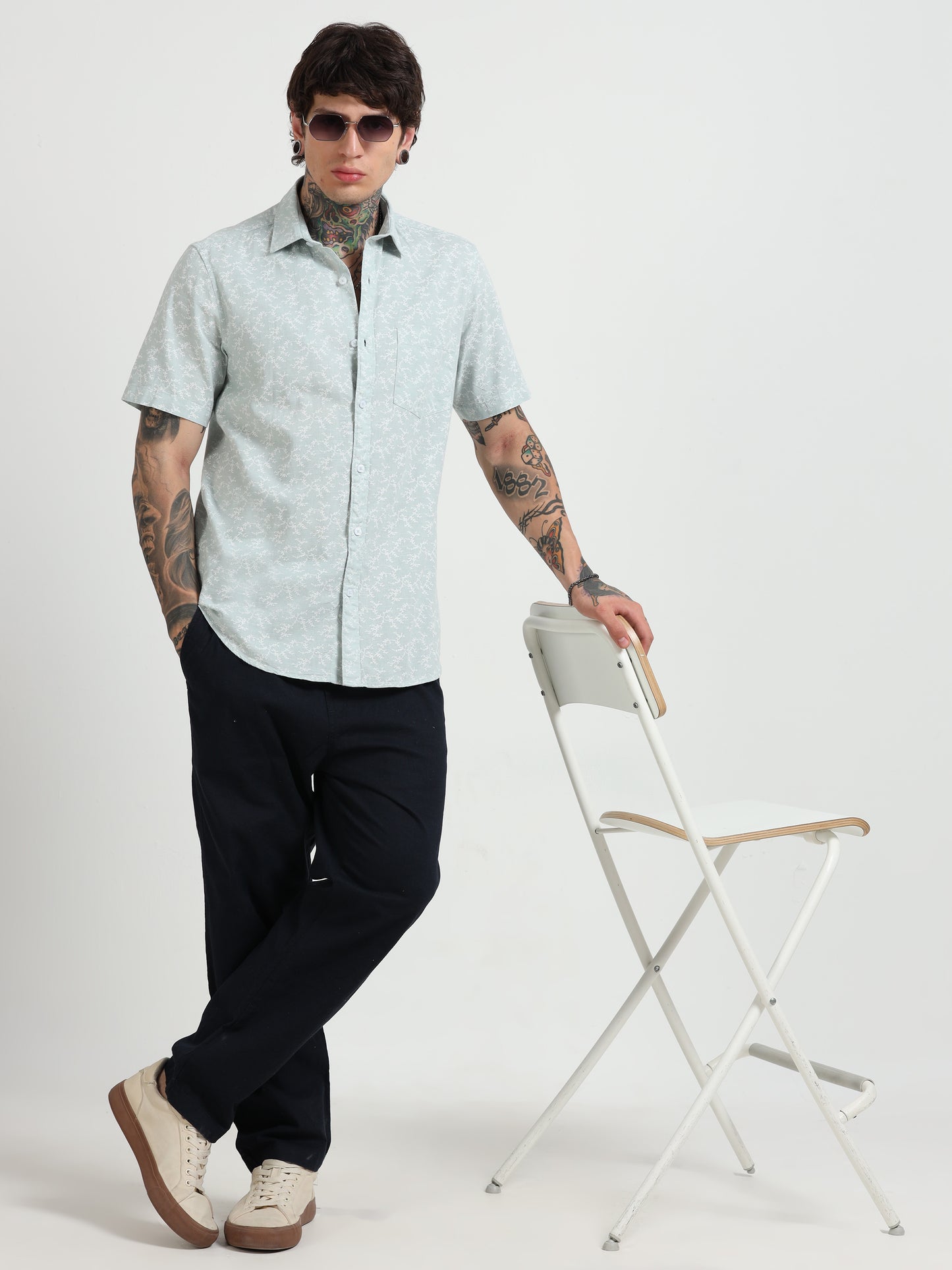 Cyan Printed Half - Sleeves Shirt