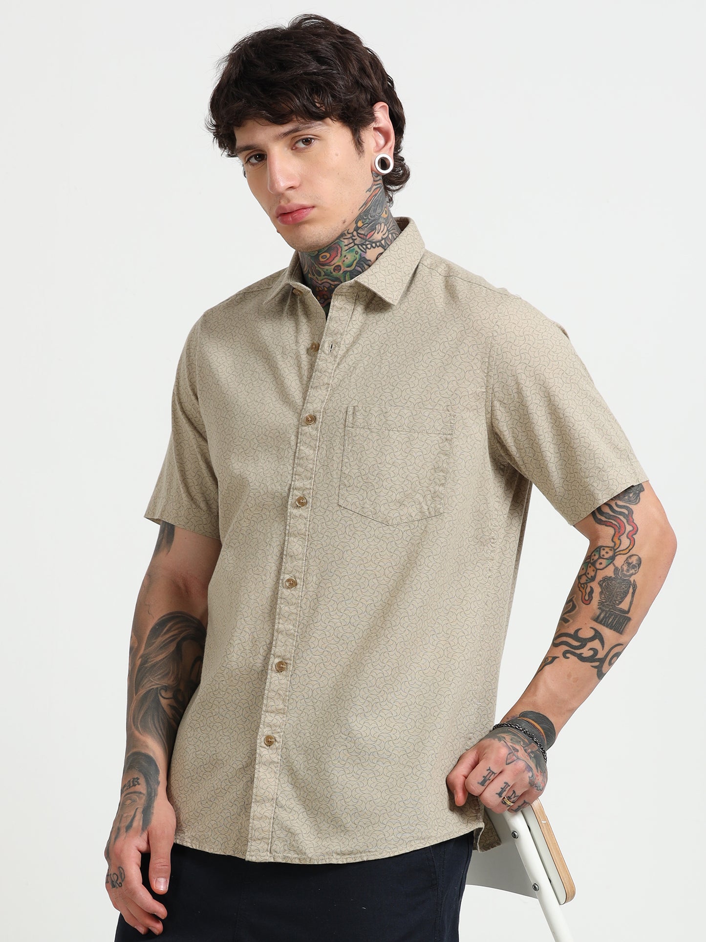 Beige Printed Half - Sleeves