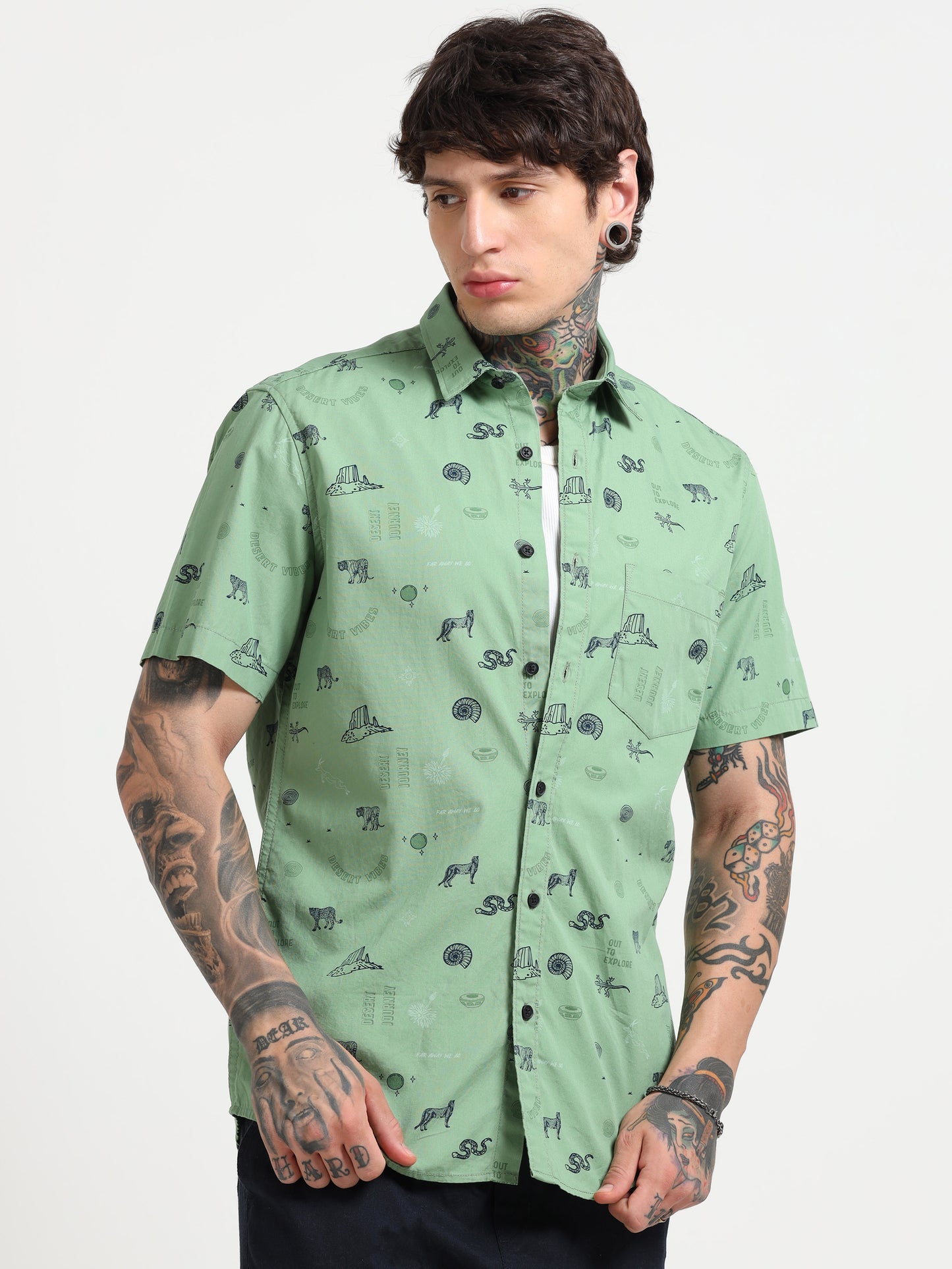 Green Printed Half - Sleeves Shirt