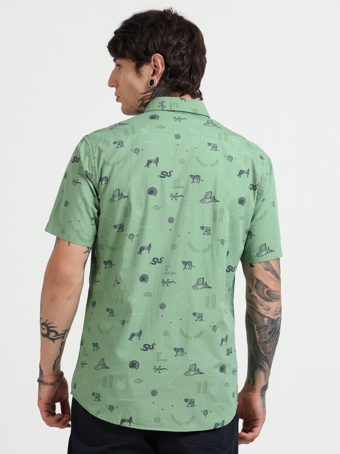 Green Printed Half - Sleeves Shirt