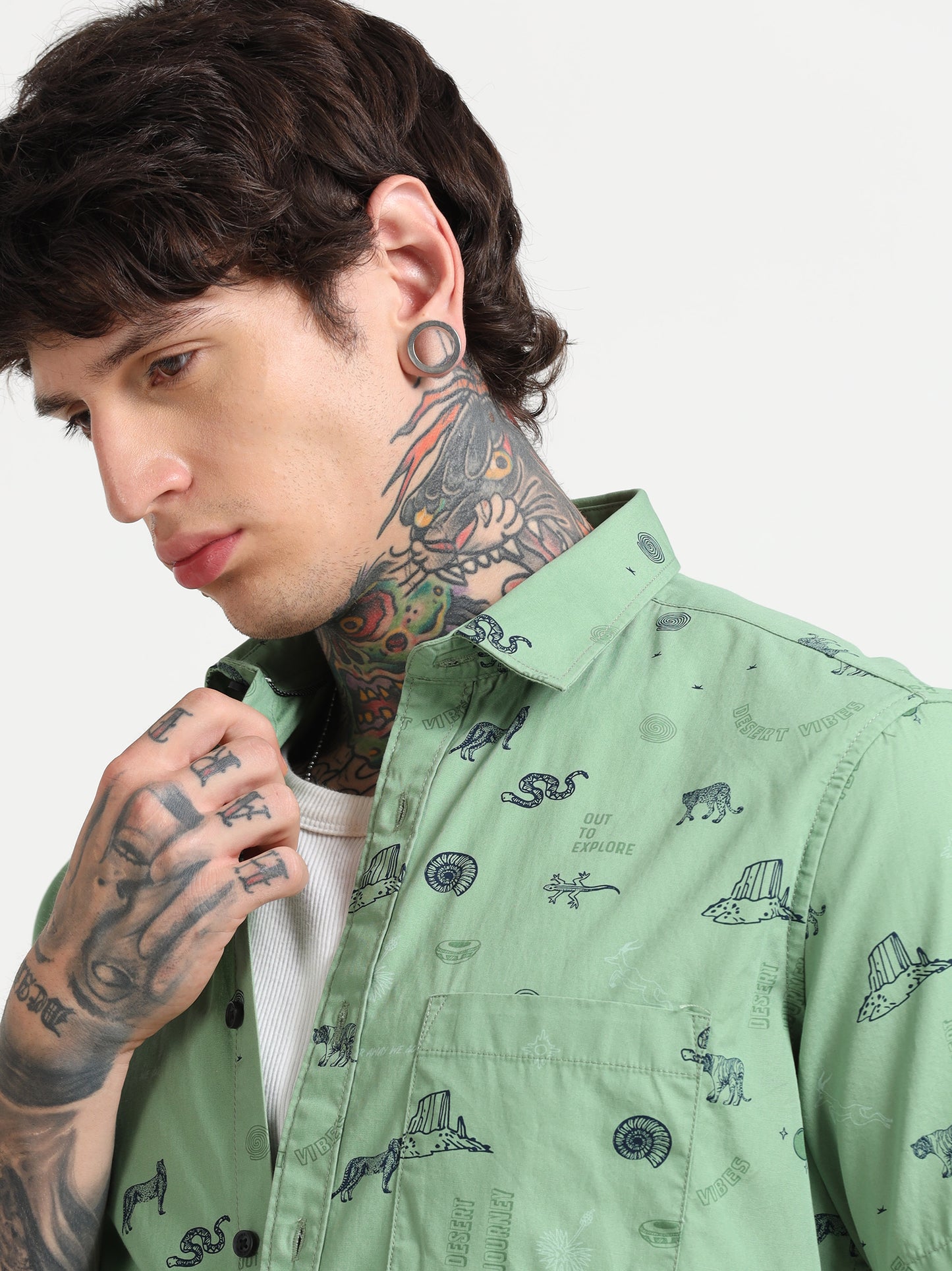 Green Printed Half - Sleeves Shirt