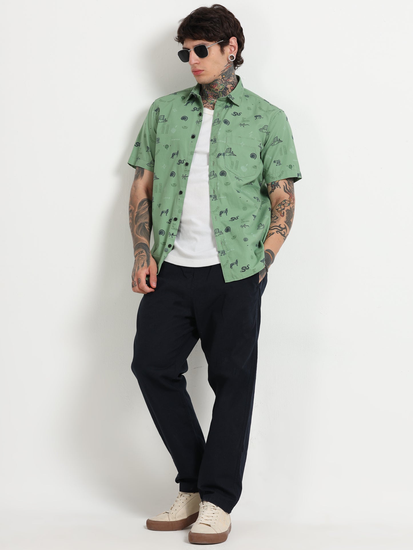 Green Printed Half - Sleeves Shirt