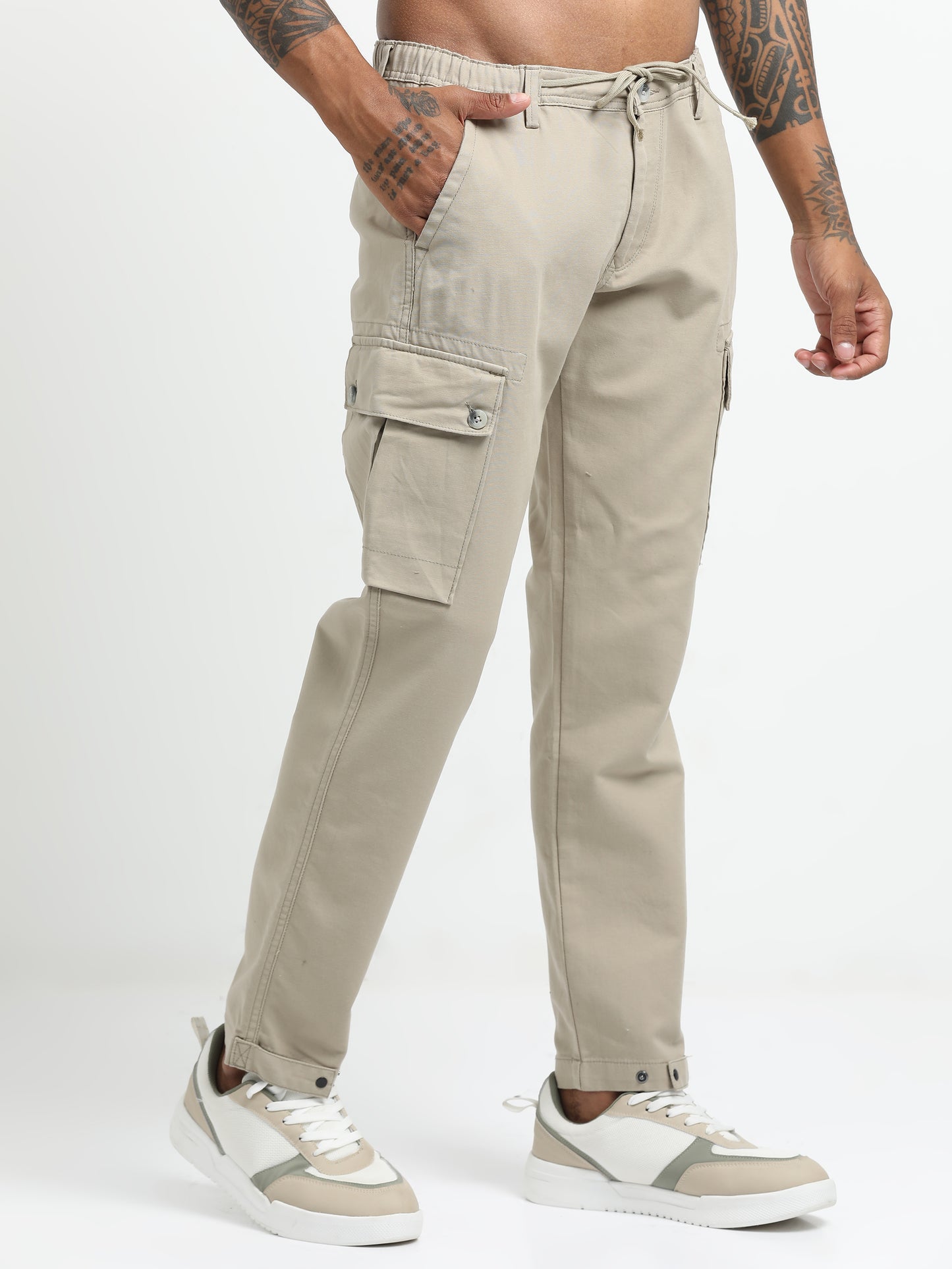 Beige Cargo Trousers with Drawstring