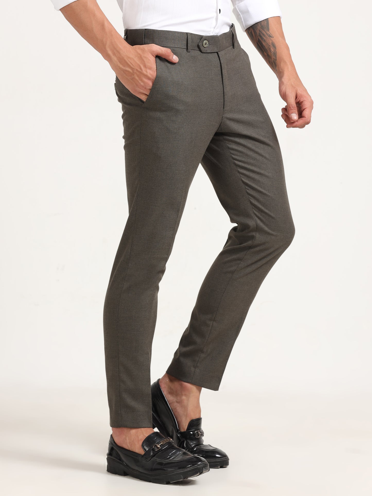 Men Warm Grey Trouser Solid Regular Fit Trouser